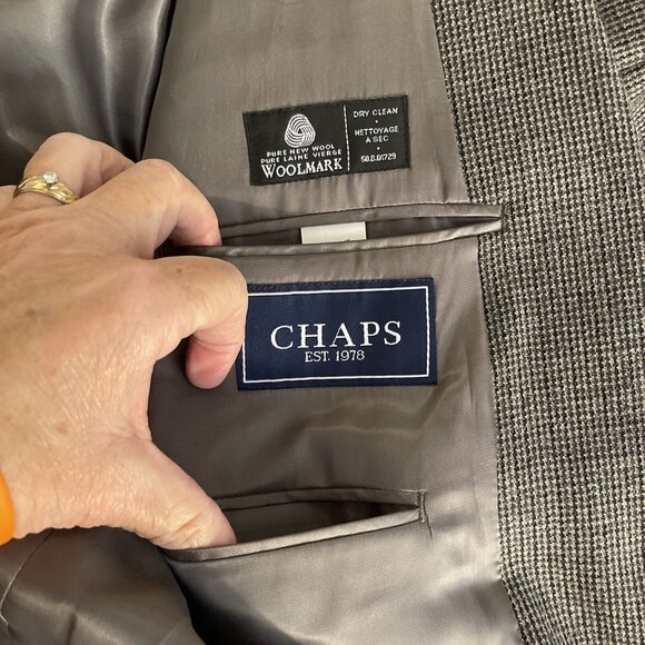 Chaps Men's 46L Gray 💯% Pure New Wool Sport Coat Jacket Blazer Houndstooth Soft - Picture 11 of 15